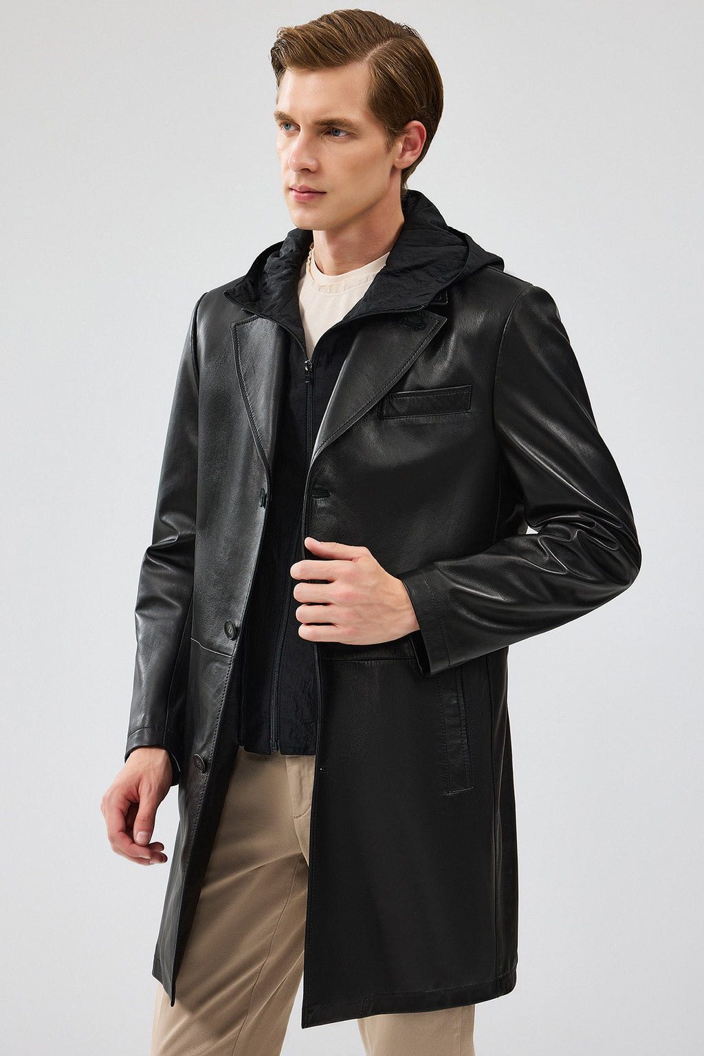 Dias Erkek Siyah Uzun Kapüşonlu Deri Trençkot
