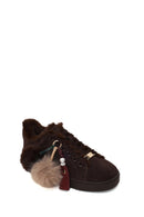 Kadın Kahverengi Bağcıklı Charmlı Süet Deri Teddy Sneaker | Derimod Kadın Kahverengi Bağcıklı Charmlı Süet Deri Teddy Sneaker | Derimod