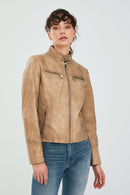 Alicia Women's Beige Short Leather Jacket | Derimod Alicia Women's Beige Short Leather Jacket | Derimod