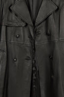 Isabel Woman Black Double-breasted Collar Leather Overcoat | Derimod Isabel Woman Black Double-breasted Collar Leather Overcoat | Derimod