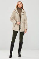 Agatha Women's Beige Hooded Long Leather Coat | Derimod Agatha Women's Beige Hooded Long Leather Coat | Derimod