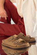 Men's Beige Buckled Nubuck Leather Slippers | Derimod Men's Beige Buckled Nubuck Leather Slippers | Derimod