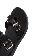 Women's Black Double Buckled Patterned Slippers | Derimod Women's Black Double Buckled Patterned Slippers | Derimod