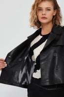 Tracy Women's Black Oversize Short Leather Coat | Derimod Tracy Women's Black Oversize Short Leather Coat | Derimod