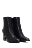 Women's Black Zippered Patterned Thick Heeled Boots | Derimod Women's Black Zippered Patterned Thick Heeled Boots | Derimod