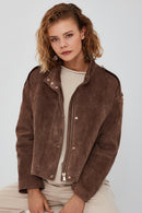 Cassy Women's Mink Oversize Suede Leather Jacket | Derimod Cassy Women's Mink Oversize Suede Leather Jacket | Derimod