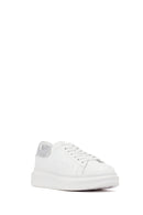Woman White Laced Thick Sole Leather Sneakers | Derimod Woman White Laced Thick Sole Leather Sneakers | Derimod