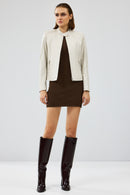 Anya Women's Cream Short Leather Jacket | Derimod Anya Women's Cream Short Leather Jacket | Derimod