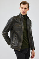 Wade Men's Green Slim-Fit Leather Coat | Derimod Wade Men's Green Slim-Fit Leather Coat | Derimod