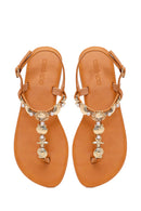 Woman Tan Ankle-Buckle Toe-Post Embellished Sandal | Derimod Woman Tan Ankle-Buckle Toe-Post Embellished Sandal | Derimod