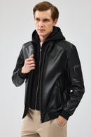 Niko Men's Black Hooded Leather Jacket | Derimod Niko Men's Black Hooded Leather Jacket | Derimod