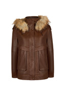 Carmen Woman Brown Fur Collar Leather Coat | Derimod Carmen Woman Brown Fur Collar Leather Coat | Derimod