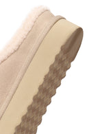 Woman Beige Thick-Soled Fur-Lined Suede Teddy Slipper | Derimod Woman Beige Thick-Soled Fur-Lined Suede Teddy Slipper | Derimod