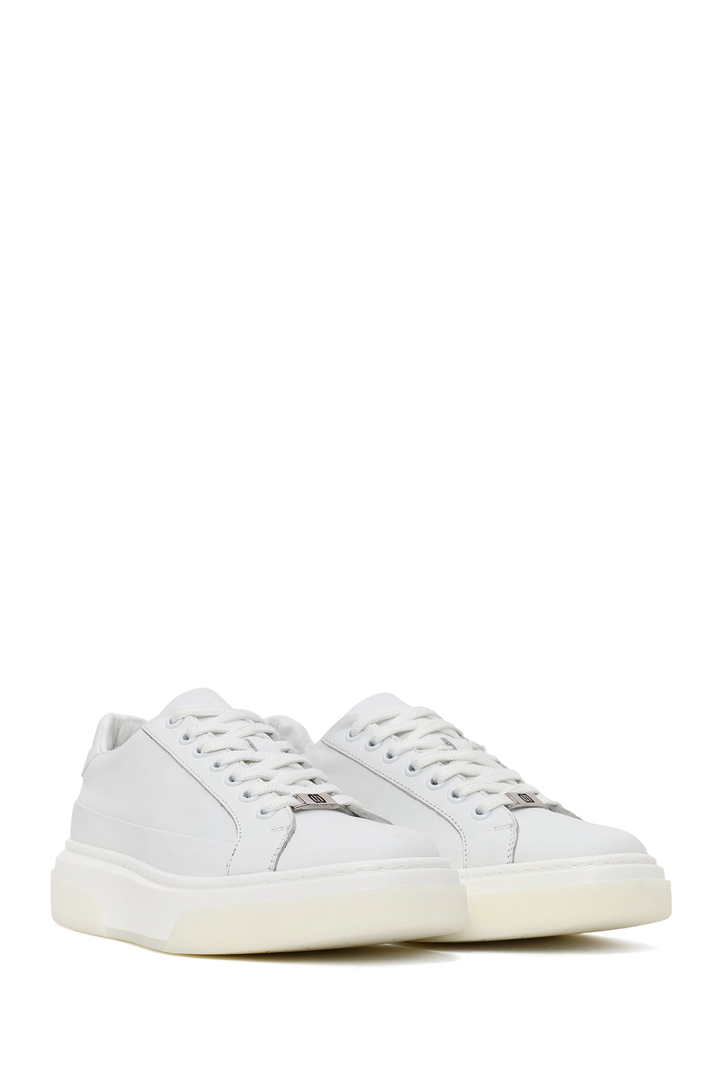 Erkek Beyaz Bağcıklı Kalın Tabanlı Deri Sneaker