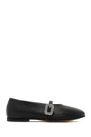 Women's Black Stone Leather Ballet Flats | Derimod Women's Black Stone Leather Ballet Flats | Derimod