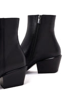 Woman Black Zip Closure Short Thick-Heeled Leather Cowboy Boots | Derimod Woman Black Zip Closure Short Thick-Heeled Leather Cowboy Boots | Derimod