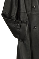 Isabel Woman Black Double-breasted Collar Leather Overcoat | Derimod Isabel Woman Black Double-breasted Collar Leather Overcoat | Derimod