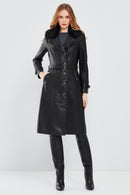 Brenda Women's Black Furry Leather Trench Coat | Derimod Brenda Women's Black Furry Leather Trench Coat | Derimod