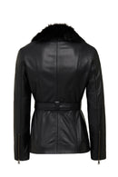 Edith Women's Black Collar Fur Leather Jacket | Derimod Edith Women's Black Collar Fur Leather Jacket | Derimod
