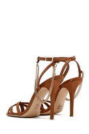 Women's Bronze Ankle Strap Chain Detail Satin Leather Thin High Heel Sandals | Derimod Women's Bronze Ankle Strap Chain Detail Satin Leather Thin High Heel Sandals | Derimod