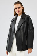 Adriana Women's Black Double Collar Leather Jacket | Derimod Adriana Women's Black Double Collar Leather Jacket | Derimod