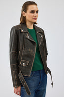 Uptown Women's Brown Vintage Leather Jacket | Derimod Uptown Women's Brown Vintage Leather Jacket | Derimod