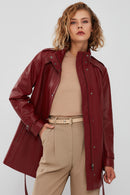 Whitney Women's Burgundy Long Leather Jacket | Derimod Whitney Women's Burgundy Long Leather Jacket | Derimod