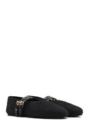 Women's Black Double Buckled Straw Leather Ballerinas | Derimod Women's Black Double Buckled Straw Leather Ballerinas | Derimod