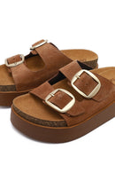 Women's Tan Double Buckle Thick Sole Suede Leather Slippers | Derimod Women's Tan Double Buckle Thick Sole Suede Leather Slippers | Derimod