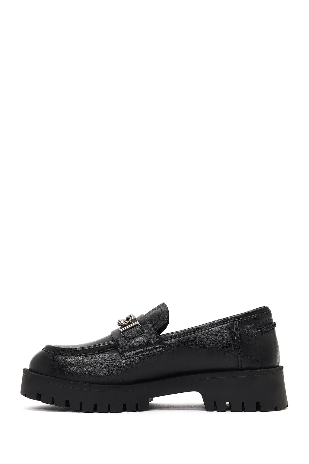 Kadın Siyah Kalın Tabanlı Tokalı Deri Maskülen Loafer
