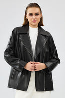 Adriana Women's Black Double Collar Leather Jacket | Derimod Adriana Women's Black Double Collar Leather Jacket | Derimod