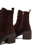 Women's Brown Zippered Thick Heeled Suede Leather Ankle Boots | Derimod Women's Brown Zippered Thick Heeled Suede Leather Ankle Boots | Derimod