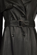 Isabel Woman Black Double-breasted Collar Leather Overcoat | Derimod Isabel Woman Black Double-breasted Collar Leather Overcoat | Derimod