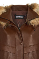 Carmen Woman Brown Fur Collar Leather Coat | Derimod Carmen Woman Brown Fur Collar Leather Coat | Derimod