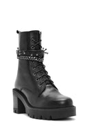 Women's Black Zippered Accessory Detailed Thick Heeled Leather Combat Boots | Derimod Women's Black Zippered Accessory Detailed Thick Heeled Leather Combat Boots | Derimod