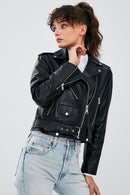 Newage Women's Black Slim-Fit Biker Leather Jacket | Derimod Newage Women's Black Slim-Fit Biker Leather Jacket | Derimod