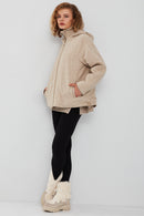 Roma Women's Beige Hooded Double-Sided Oversize Leather Jacket | Derimod Roma Women's Beige Hooded Double-Sided Oversize Leather Jacket | Derimod