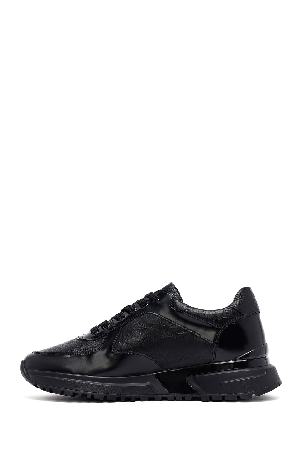 Erkek Siyah Bağcıklı Deri Casual Sneaker