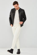 Demar Men's Black Slim-Fit Leather Jacket | Derimod Demar Men's Black Slim-Fit Leather Jacket | Derimod