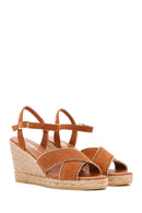 Women's Tan Ankle Strap Wedge Heel Suede Leather Espadrille Sandals | Derimod Women's Tan Ankle Strap Wedge Heel Suede Leather Espadrille Sandals | Derimod