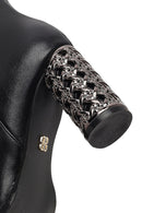 Women's Black Zippered Patterned Thick Heeled Boots | Derimod Women's Black Zippered Patterned Thick Heeled Boots | Derimod