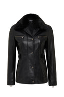 Edith Women's Black Collar Fur Leather Jacket | Derimod Edith Women's Black Collar Fur Leather Jacket | Derimod