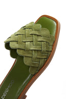 Women's Green Knit Leather Slippers | Derimod Women's Green Knit Leather Slippers | Derimod