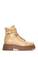 Women's Beige Leather Buckle Thick Soled Boots | Derimod Women's Beige Leather Buckle Thick Soled Boots | Derimod