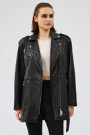 Venus Women's Black Double Breasted Leather Jacket | Derimod Venus Women's Black Double Breasted Leather Jacket | Derimod