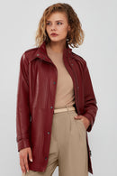 Whitney Women's Burgundy Long Leather Jacket | Derimod Whitney Women's Burgundy Long Leather Jacket | Derimod