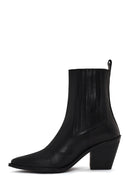 Woman Black Chunky-Heel Leather Cowboy Boots | Derimod Woman Black Chunky-Heel Leather Cowboy Boots | Derimod