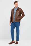 Bruno Men's Cognac Leather Jacket | Derimod Bruno Men's Cognac Leather Jacket | Derimod