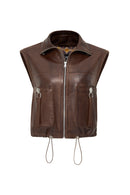 Edwina Women's Brown Leather Jacket with Removable Sleeves | Derimod Edwina Women's Brown Leather Jacket with Removable Sleeves | Derimod