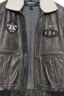 Hurricane Men's Grey Fur Collar Pilot Leather Jacket with Emblem | Derimod Hurricane Men's Grey Fur Collar Pilot Leather Jacket with Emblem | Derimod
